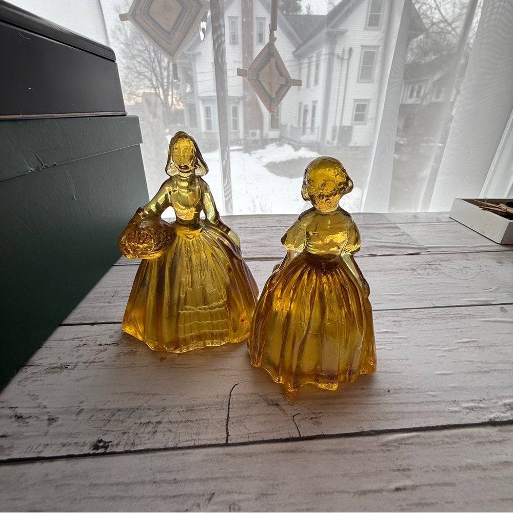 Wheatoncraft Carnival Glass Iridescent Amber Glass Lady Figurines - Pair